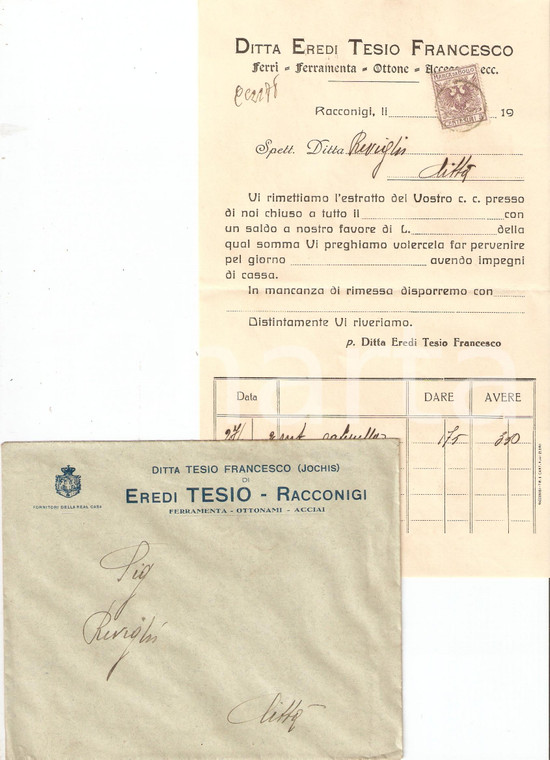 1929 RACCONIGI (CN) Ditta EREDI TESIO Ferramenta *Fattura commerciale