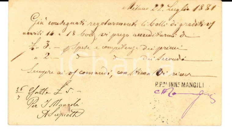 1881 MILANO Cesare MANGILI a Melchiorre GULLER Verbania *Cartolina con AUTOGRAFO
