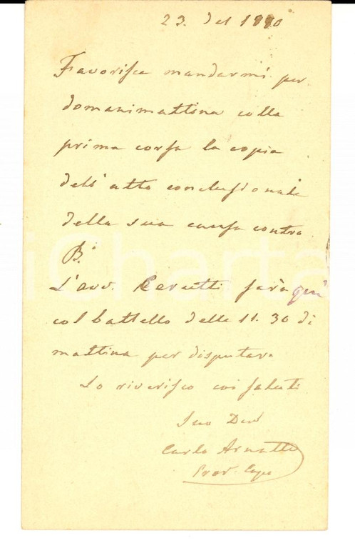 1880 MILANO Procuratore Carlo ARNATTI a Melchiorre GULLER Verbania *Cartolina