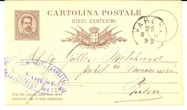 1881 VARESE Fabbrica carrozze FRATELI MACCHI a Melchiorre GULLER Verbania INTRA