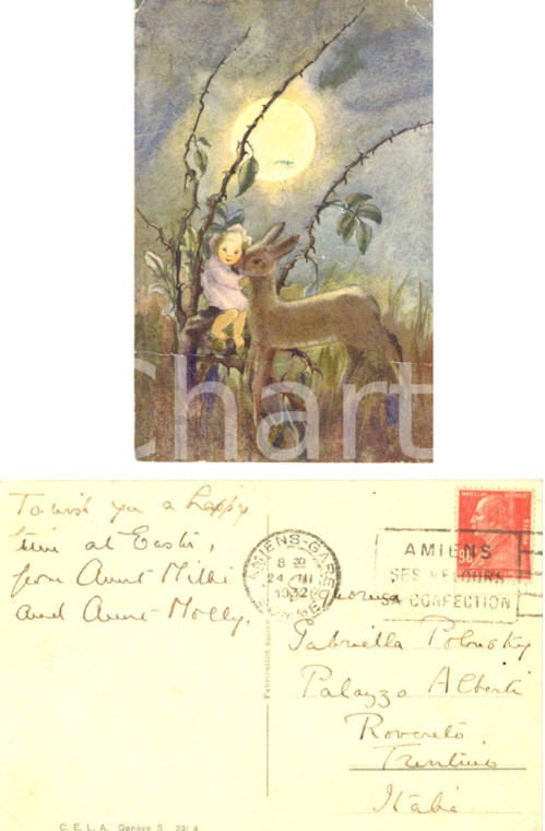 1932 Bambina con cerbiatto *Cartolina a Gaby POLONSKY  dalle cugine SAUNDERS