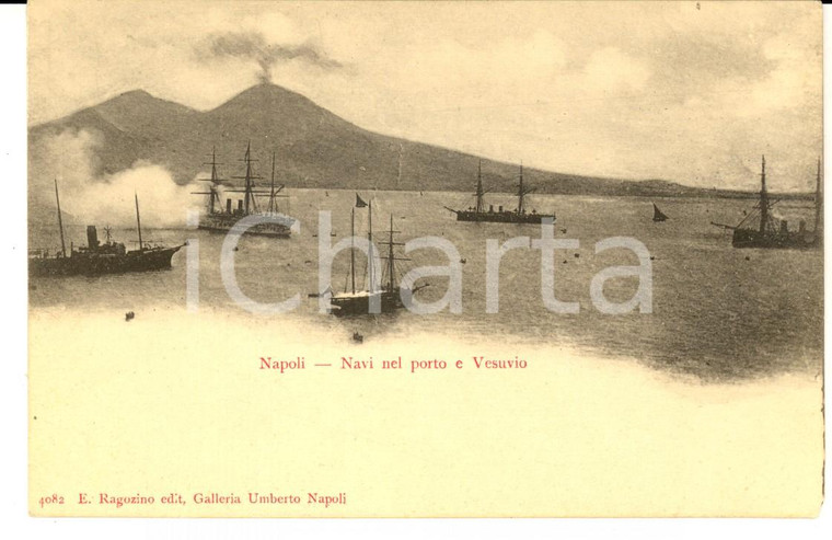 1900 ca NAPOLI REGIA MARINA Navi in porto e Vesuvio *Cartolina FP NV