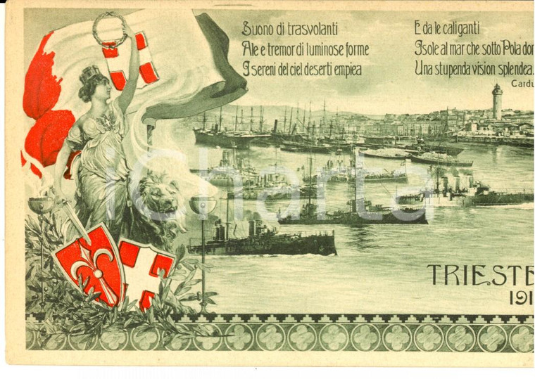 1915 IRREDENTISMO TRIESTE  Veduta del porto con immagine dell'ITALIA *Cartolina