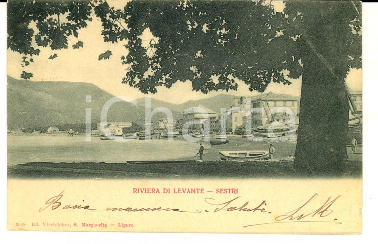 1901 SESTRI LEVANTE (GE) Spiaggia con le barche *Cartolina ANIMATA FP VG