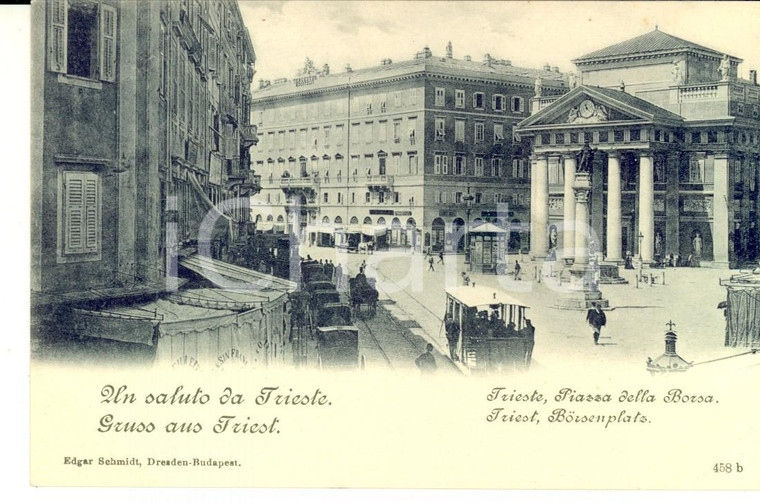 1900 ca TRIESTE Piazza della BORSA *Cartolina ANIMATA tram carrozze FP NV