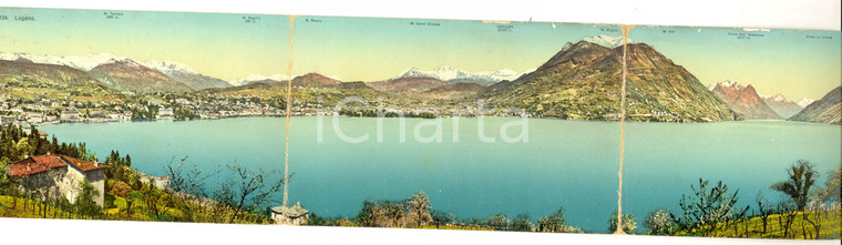 1910 ca LUGANO (CH) Cartolina panoramica tripla con il lago *ILLUSTRATA VINTAGE