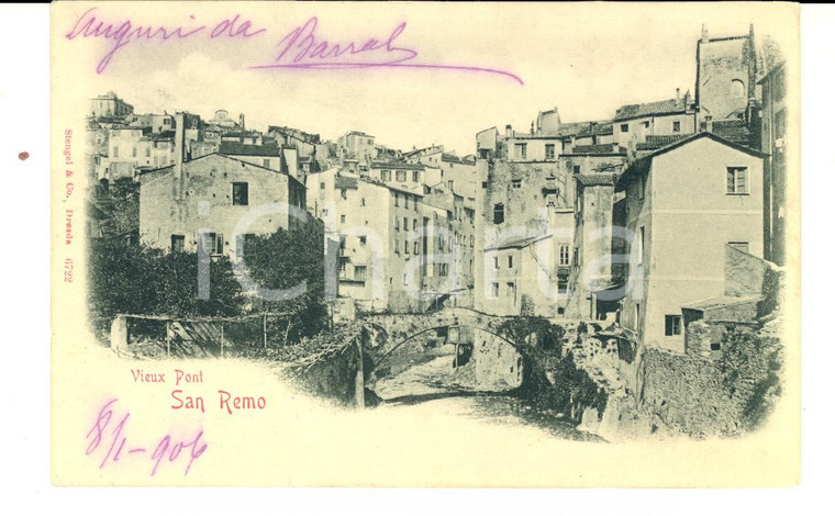 1906 SANREMO (IM) Veduta con un vecchio ponte *Cartolina VINTAGE FP VG