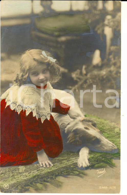 1910 ca INFANZIA Bambina accarezza il suo cane *Cartolina colorata VINTAGE FP