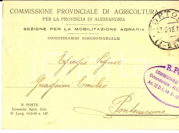 1918 ALESSANDRIA Commissione Provinciale Agricoltura - Mobilitazione *Cartolina 