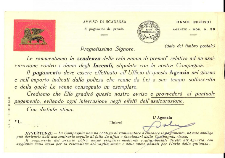 1935 VENEZIA Assicurazioni Generali - Biglietto per scadenza premio incendi