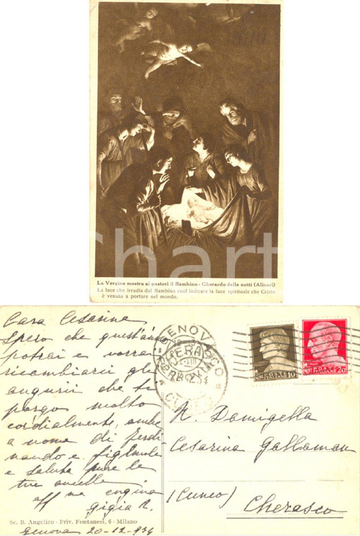 1934 GENOVA Vergine con i pastori *Cartolina alla contessa Cesarina GALLAMAN FP