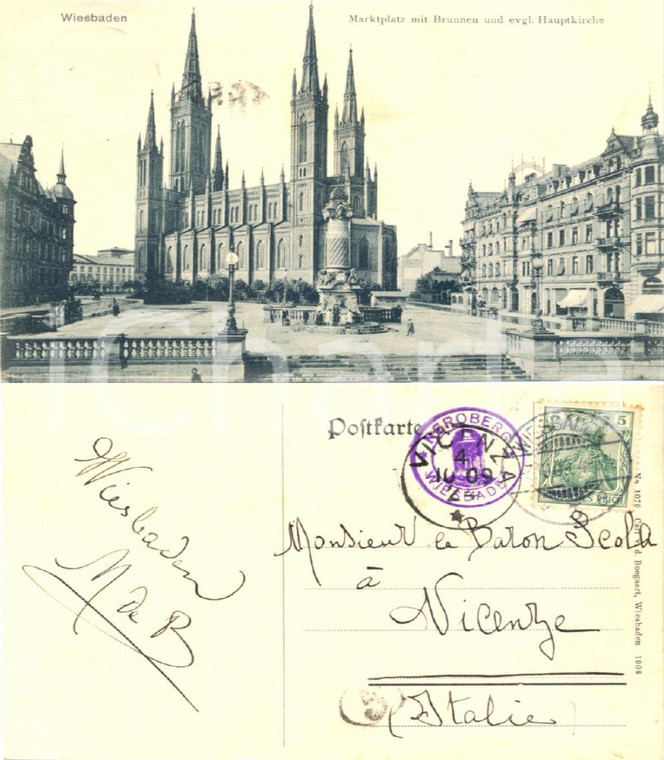 1909 WIESBADEN (D) Markplatz mit Hauptkirche Cartolina a barone SCOLA TOMMASONI 