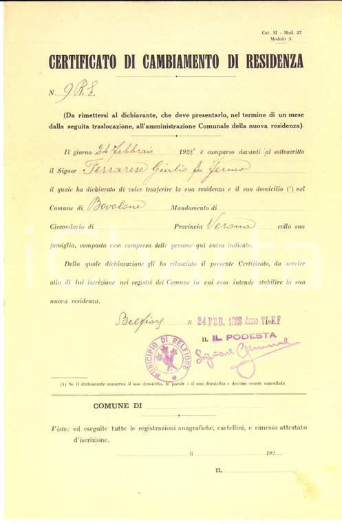 1928 BOVOLONE (VR) Certificato Giulio FERRARESE per cambiamento residenza
