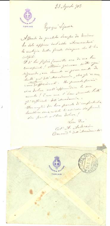 1913 TORINO ACCADEMIA MILITARE Condoglianze per Camillo LOVA *Lettera comandante
