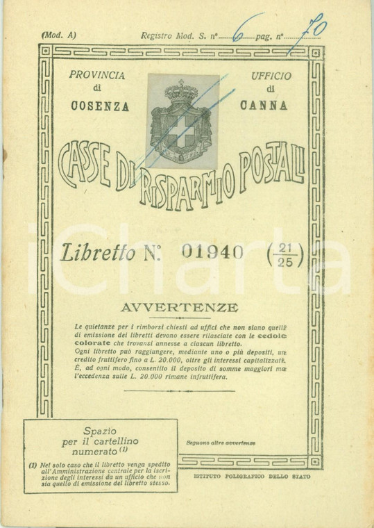 1947 CANNA (CS) Casse di Risparmio Postali Giuseppe BRUNO Libretto fruttifero