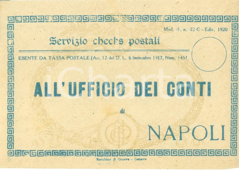 1920 NAPOLI Servizio checks postali *Busta intestata priva di contenuto