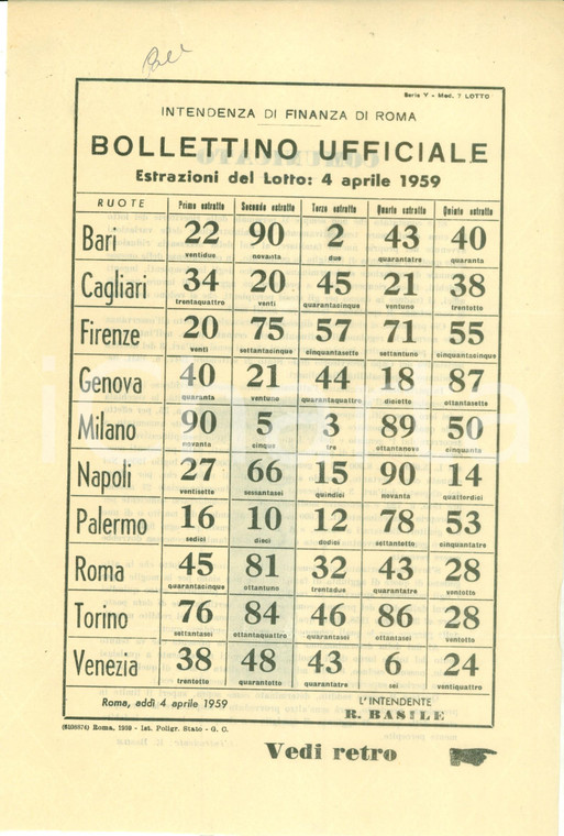 1959 ROMA Bollettino ufficiale estrazioni del Lotto *Locandina