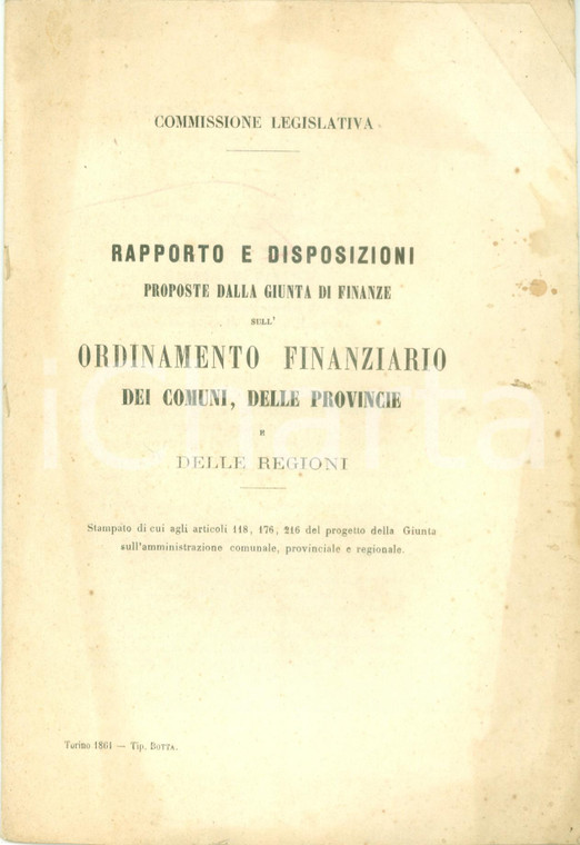 1861 REGNO D'ITALIA Ordinamento finanziario Comuni Province e Regioni