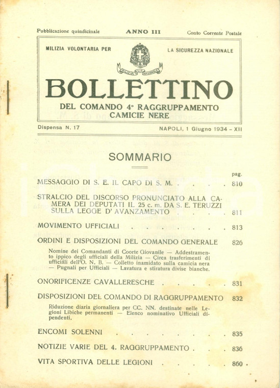 1934 4° RAGGRUPPAMENTO CAMICIE NERE Nomine e variazioni ufficiali *Pubblicazione