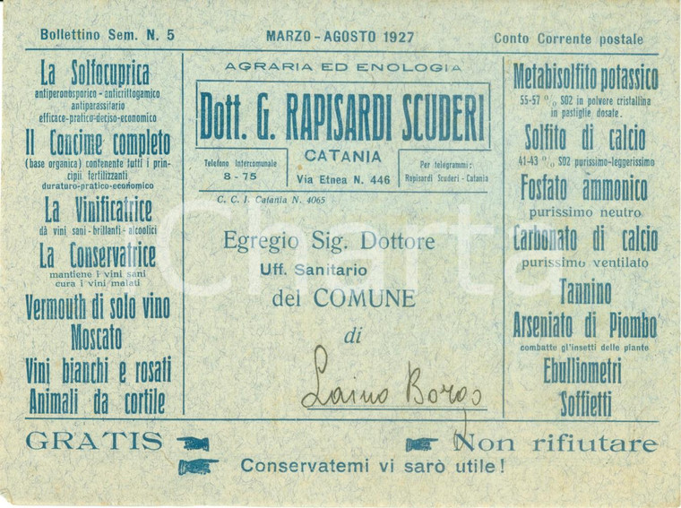 1927 CATANIA Agraria ed Enologia RAPISARDI SCUDERI *Bollettino pubblicitario