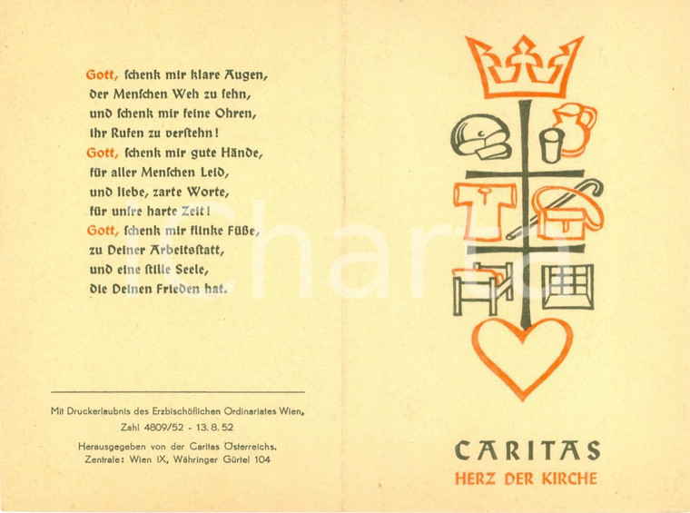 1952 WIEN (AUSTRIA) Caritas Herz der Kirche Opuscolo con preghiera ILLUSTRATO
