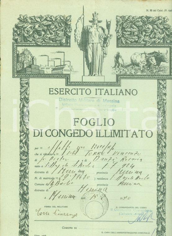 1950 MESSINA Congedo illimitato soldato Vincenzo TORRE *Documento
