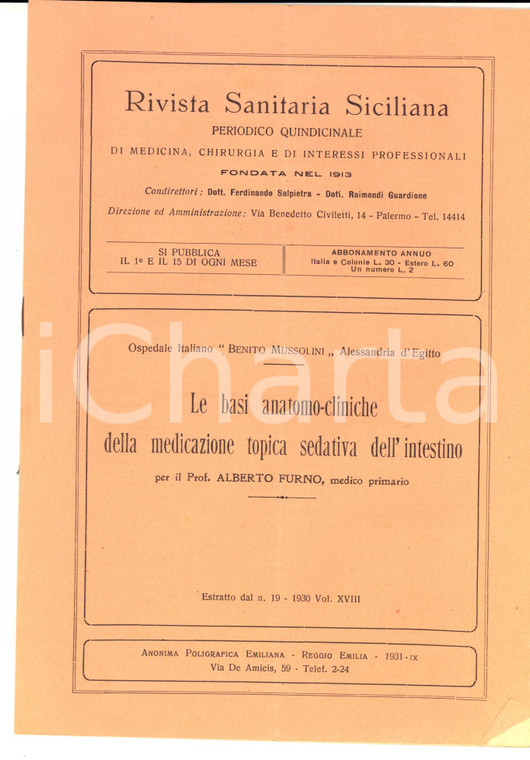 1930 Alberto FURNO Basi della medicazione topica sedativa dell'intestino 