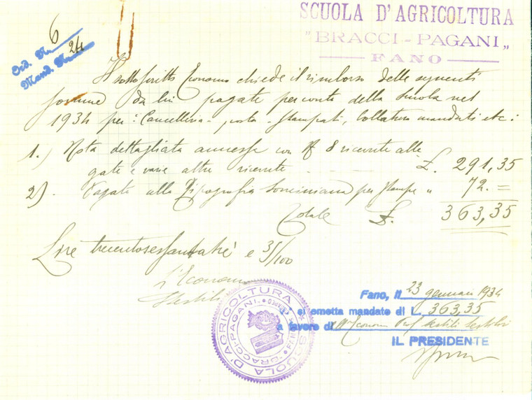 1934 FANO (PU) Scuola d'Agricoltura BRACCI PAGANI paga Tipografia Sonciniana