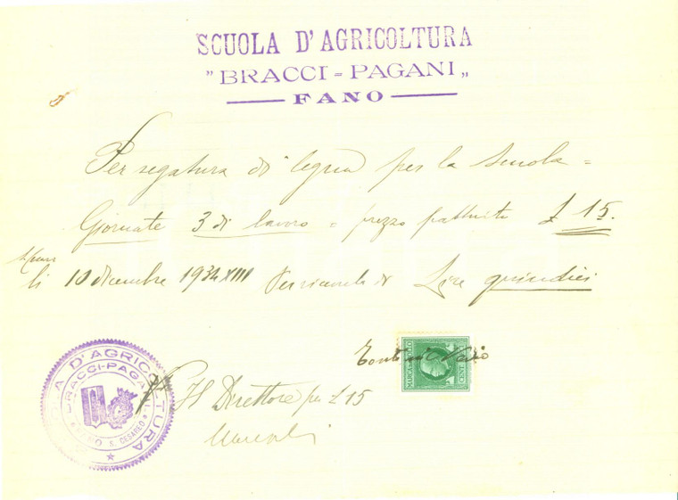 1934 FANO (PU) Scuola d'Agricoltura BRACCI PAGANI acquista segatura *Ricevuta