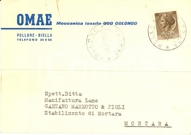 1958 POLLONE (BI) OMAE meccanica Ugo COLONGO Richiesta pezzi ricambio *fg vg