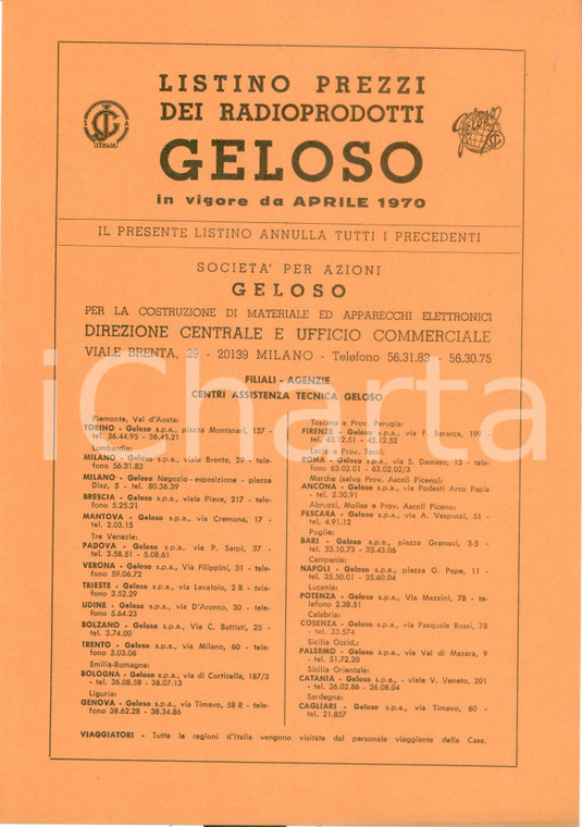 1970 MILANO Listino prezzi radioprodotti GELOSO *Opuscolo