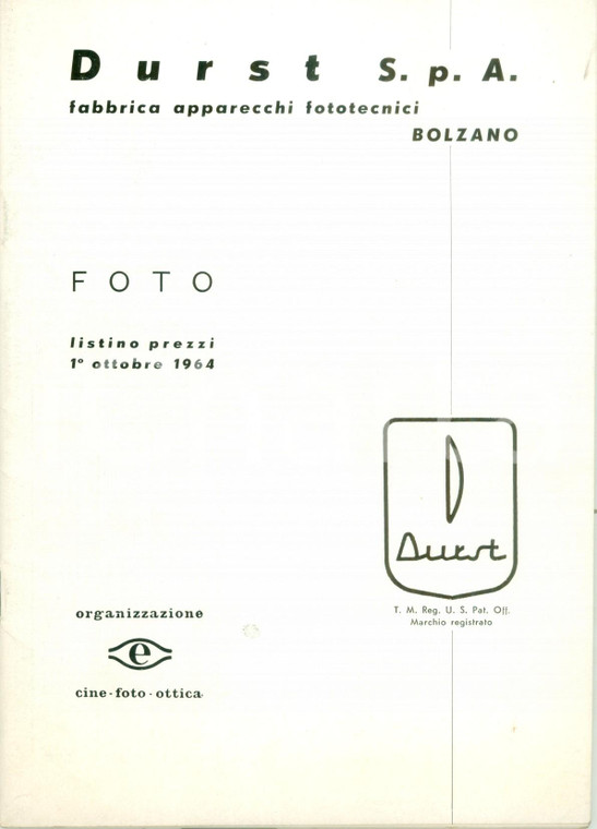 1964 BOLZANO Fabbrica apparecchi fototecnici DURST Listino prezzi ILLUSTRATO