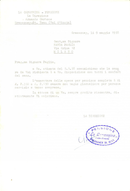 1958 GRESSONEY-SAINT JEAN (AO) Pensione LA CAPANNINA *Lettera INTESTATA
