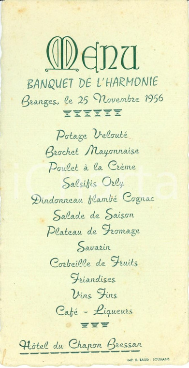 1956 BRANGES (FRANCE) Hotel du CHAPON BRESSAN Banquet de l'harmonie *Menù