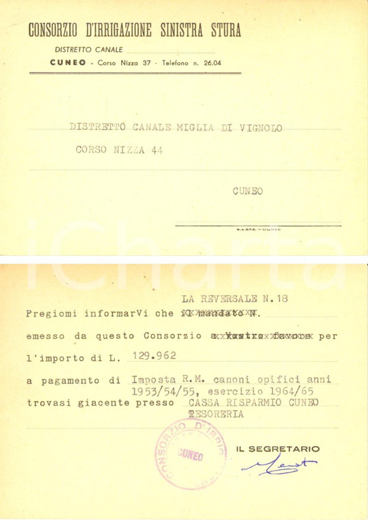 1965 ca CUNEO Consorzio irrigazione SINISTRA STURA *Cartolina INTESTATA FG NV