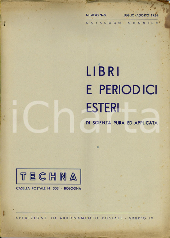 1954 BOLOGNA Libreria TECHNA Catalogo libri e periodici scienza pura e applicata