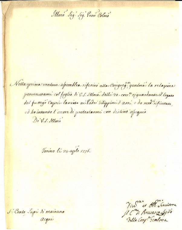 1776 ASTI Legato mons. CAPRA ai Padri Filippini *Autografo COTTI DI BRUSASCO