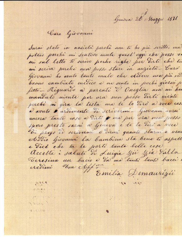 1871 GENOVA Emilia DE MAURIZI gravemente malata crede di morire *Lettera