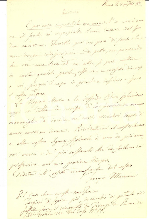 1882 ROMA Non gettate Teresa TARGIONI *Autografo Terenzio MAMIANI DELLA ROVERE