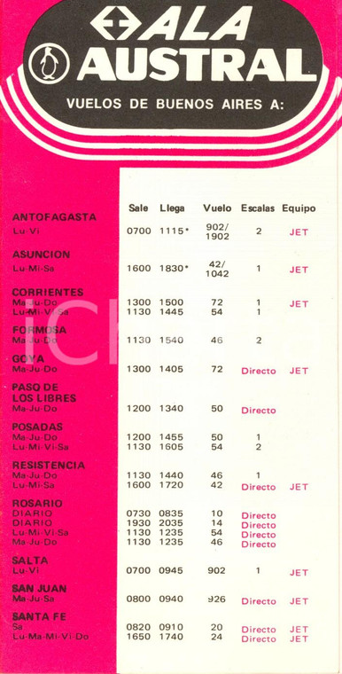 1969 ARGENTINA Compagnie aeree ALA e AUSTRAL Orari voli da e per BUENOS AIRES