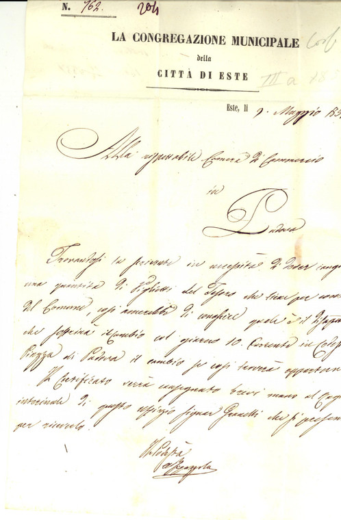 1851 ESTE (PD) Podestà cambia biglietti del Tesoro *Lettera manoscritta