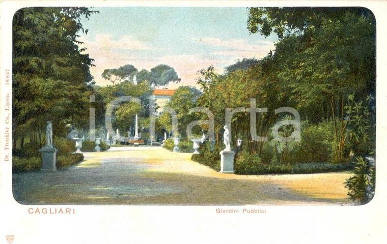 1900 ca CAGLIARI Giardini pubblici con statue Cartolina postale ILLUSTRATA FP NV