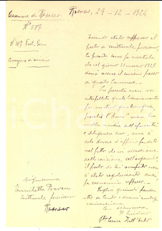 1924 ROSASCO (PV) Enrica PRAVON licenziata per soppressione del posto di lavoro