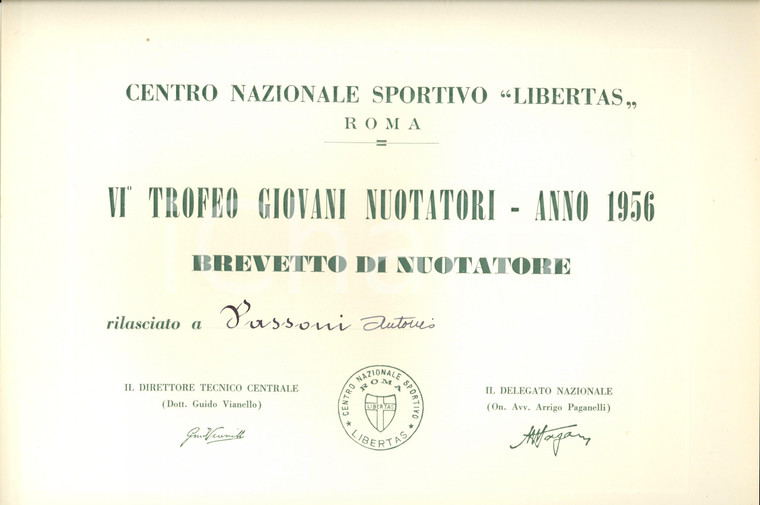 1956 ROMA Centro sportivo Libertas DC Trofeo nuotatori Brevetto Antonio PASSONI