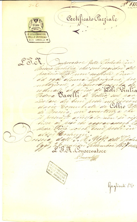 1857 COLLIO (BS) Iscrizioni su immobili di Marco e Glisente TAVELLI *Documento