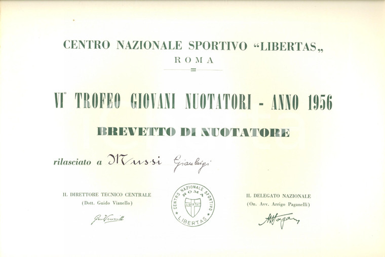 1956 ROMA Centro sportivo Libertas DC Trofeo nuotatori Brevetto Gianluigi MUSSI