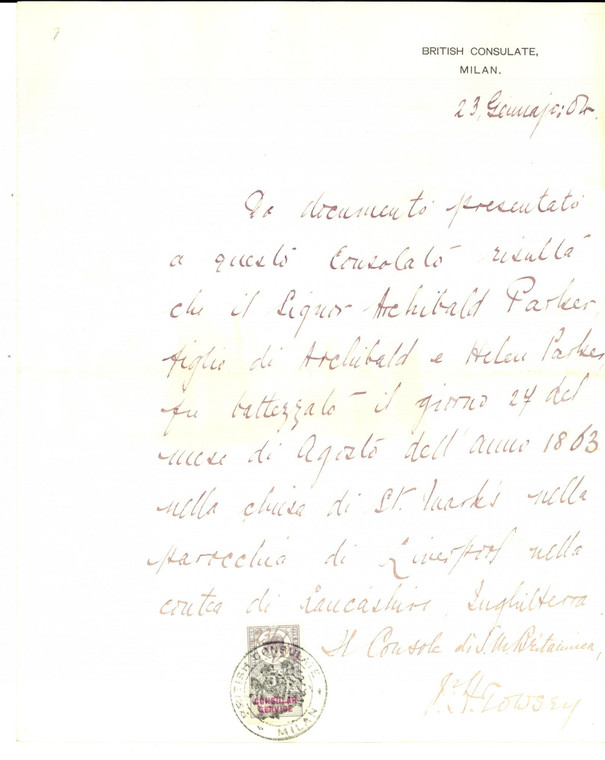 1884 MILANO Battesimo di Archibald PARKER *Autografo Joseph Henry TOWSEY