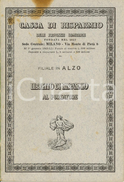 1944 ALZO (NO) Cassa di risparmio provincie lombarde *Libretto di Luisa FERRARI
