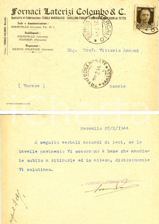 1944 MERCALLO (VA) COLOMBO & C. fornaci e laterizi *Cartolina INTESTATA FG VG