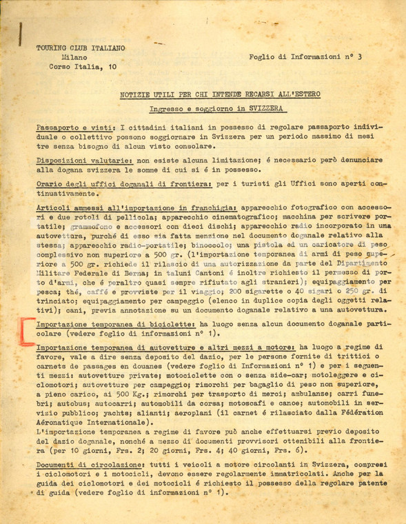 1952 MILANO TOURING CLUB Notizie utili per ingresso e soggiorno in SVIZZERA